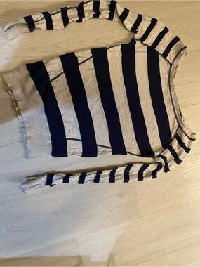 SO Women's Navy and Cream Striped Crewneck Sweater